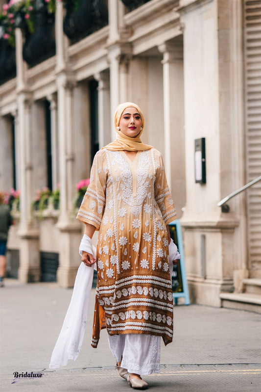 Golden Brown Ombre hand-embroidered Lucknowi Chikankari kurti (Size 42) Satin Silk fabric - Fusion Wear
