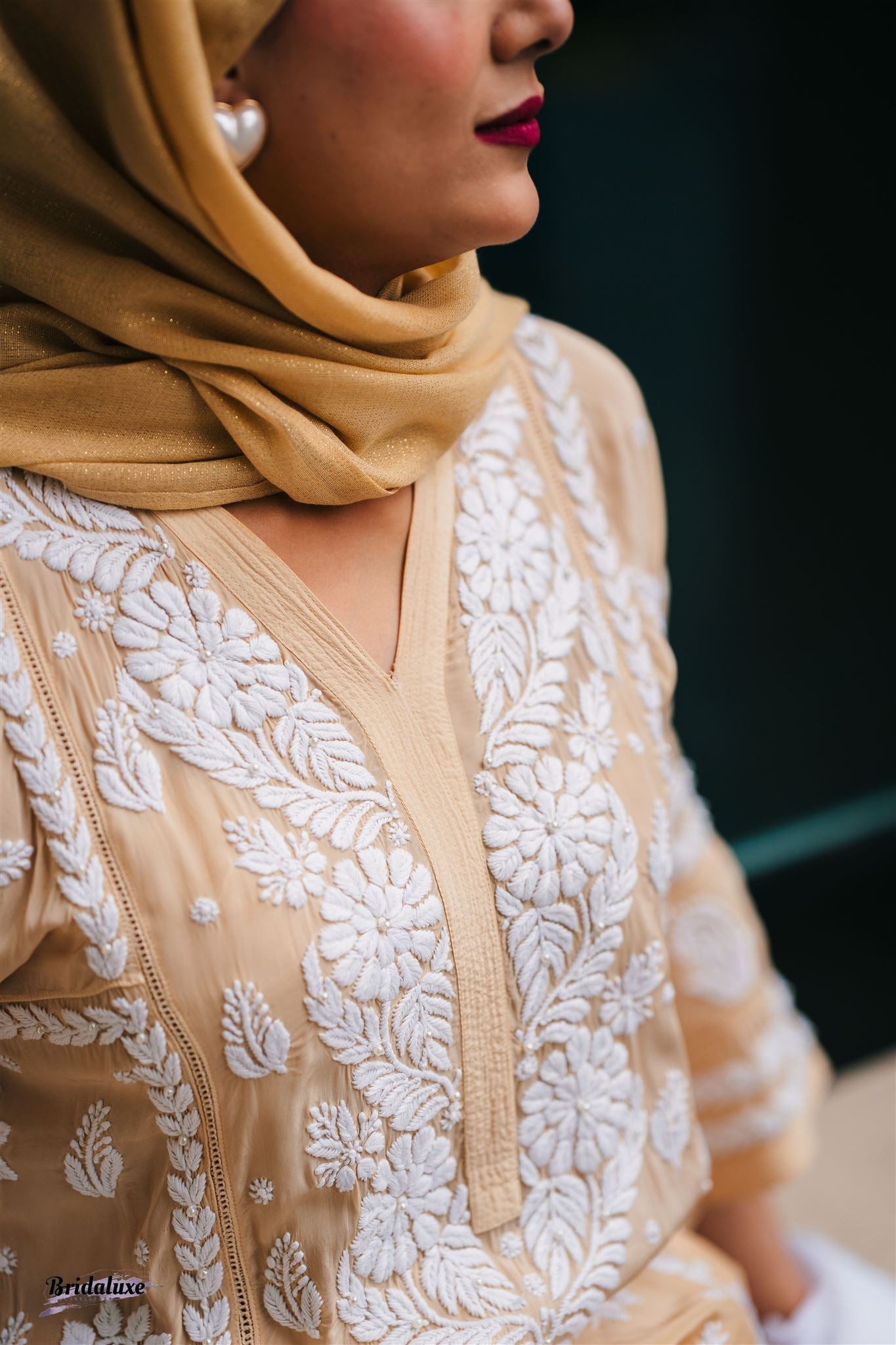 Golden Brown Ombre hand-embroidered Lucknowi Chikankari kurti (Size 42) Satin Silk fabric - Fusion Wear