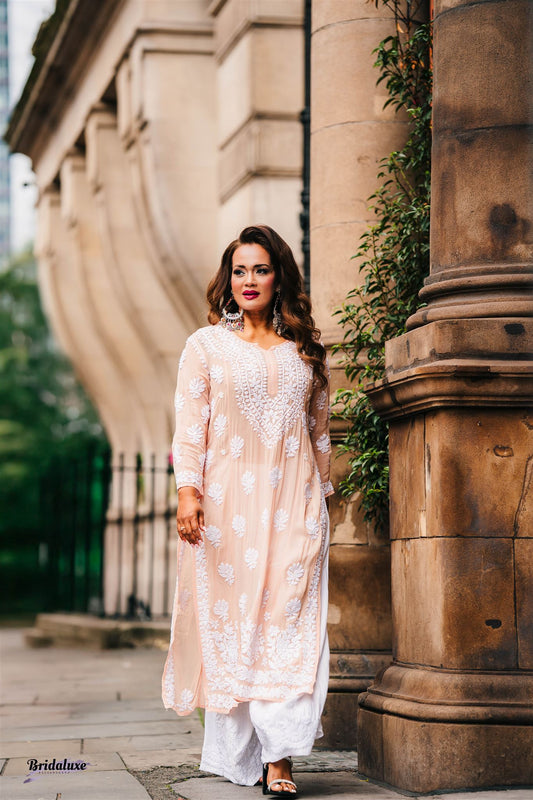 Beige hand-embroidered Chikankari kurti (Size 40 & 44) viscose fabric - Casual Womenswear