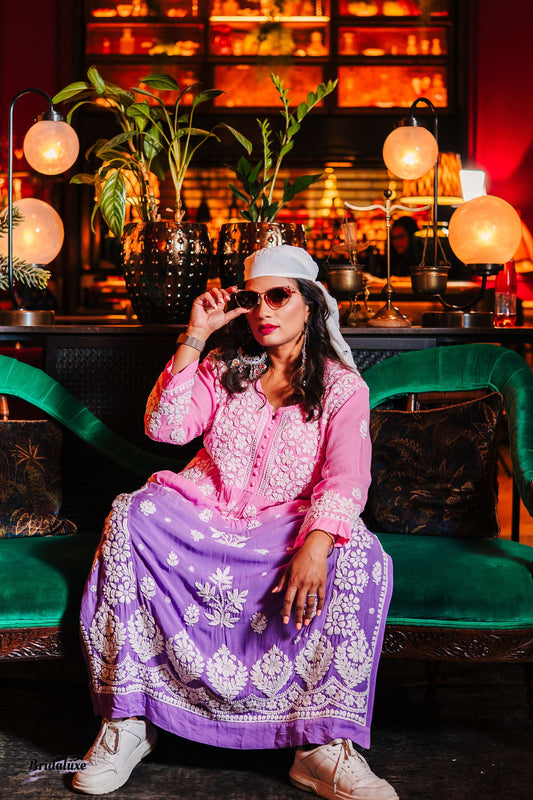 Two-tone Pink & Purple hand-embroidered Chikankari kurti (Size 42) muslin fabric - Casual Womenswear