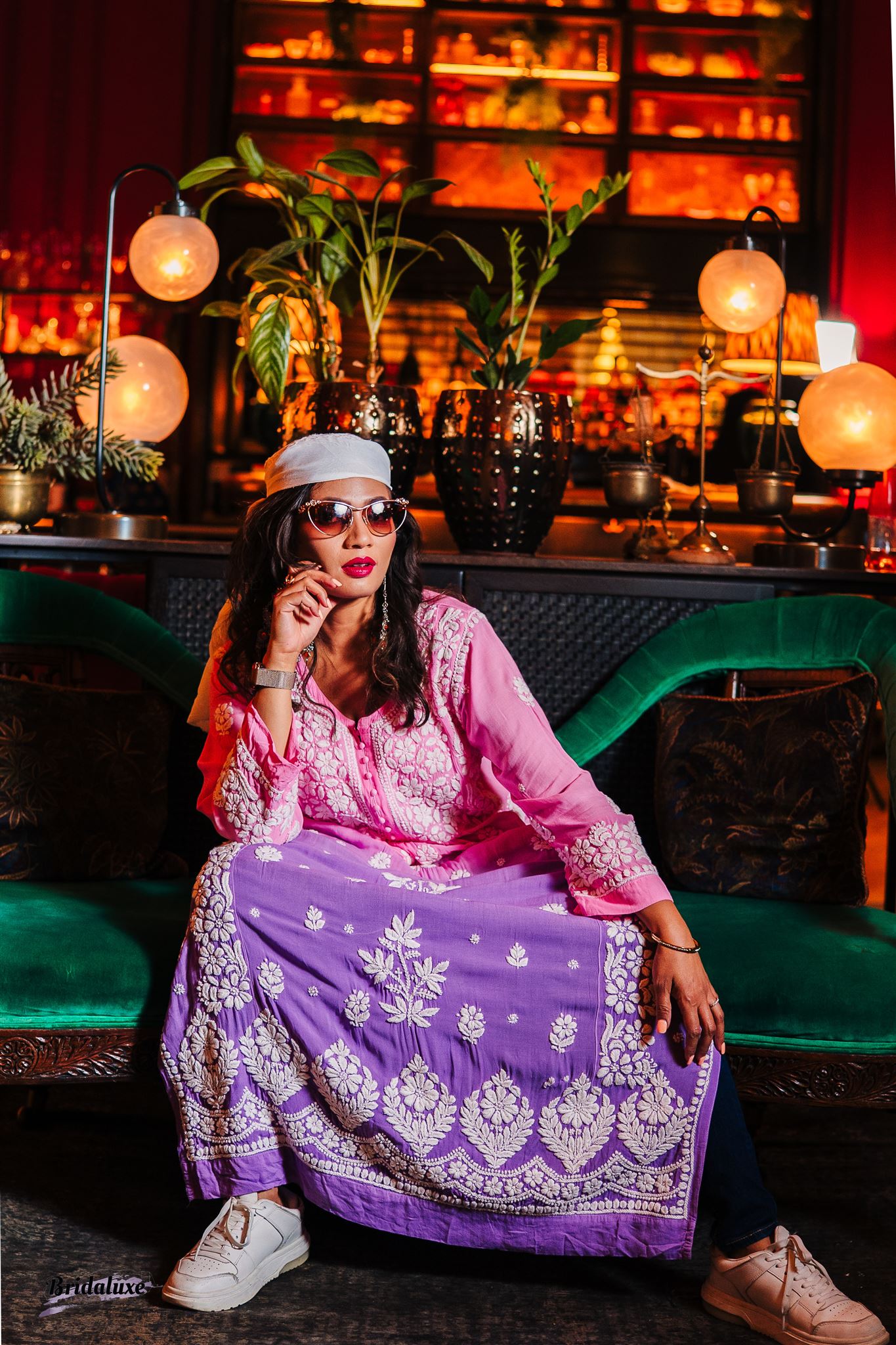 Two-tone Pink & Purple hand-embroidered Chikankari kurti (Size 42) muslin fabric - Casual Womenswear