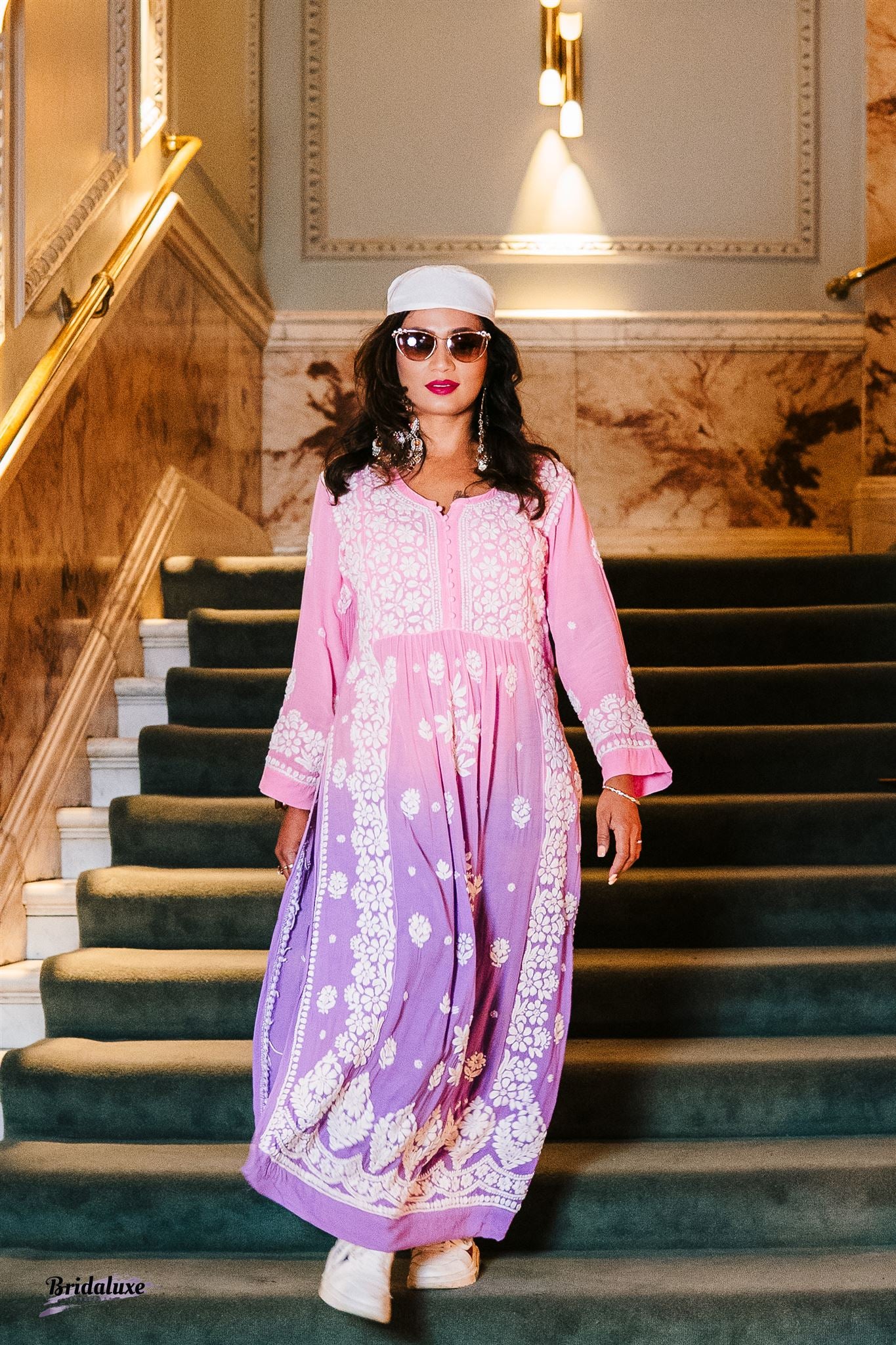 Two-tone Pink & Purple hand-embroidered Chikankari kurti (Size 42) muslin fabric - Casual Womenswear