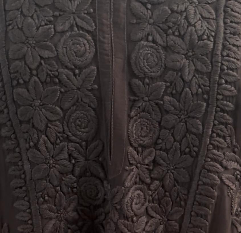 Deep Brown hand-embroidered Lucknowi Chikankari Kurta top (Size 42) Chanderi Silk
