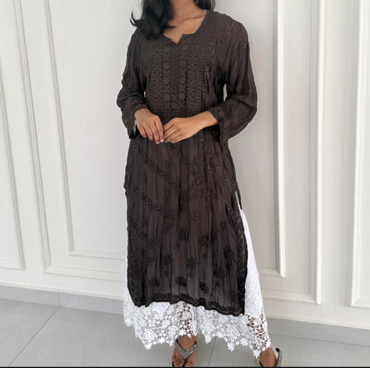 Deep Brown hand-embroidered Lucknowi Chikankari Kurta top (Size 42) Chanderi Silk
