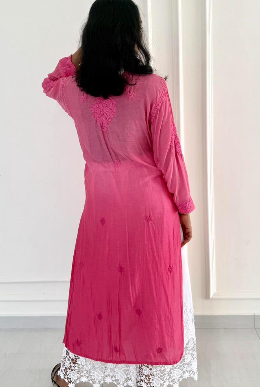 Pink Ombre hand-embroidered Lucknowi Chikankari kurta top (Size 42) Chanderi Silk fabric - Casual Womenswear