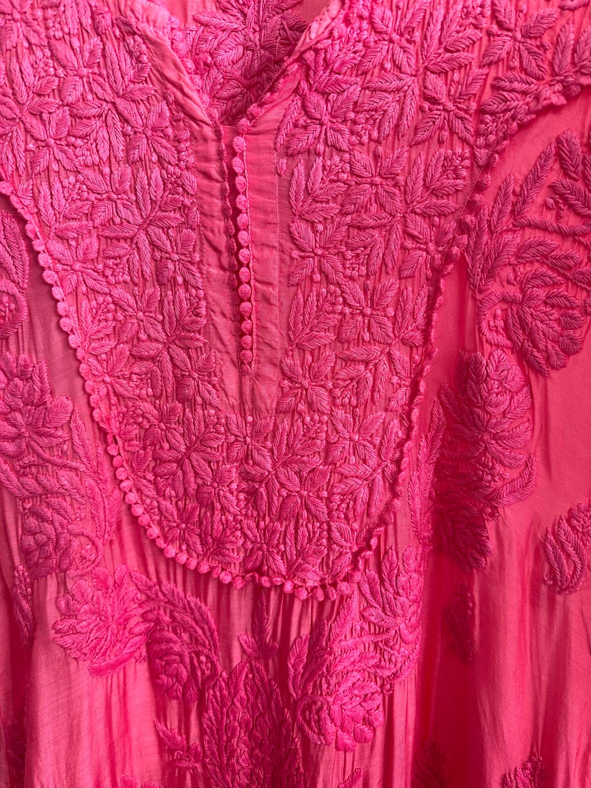 Pink Ombre hand-embroidered Lucknowi Chikankari kurta top (Size 42) Chanderi Silk fabric - Casual Womenswear