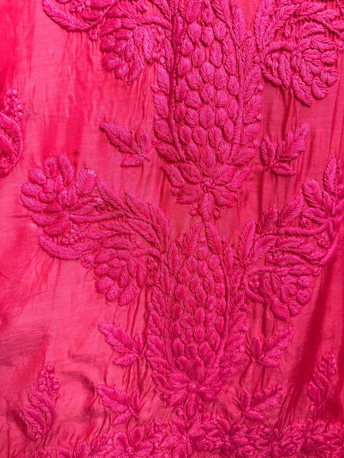 Pink Ombre hand-embroidered Lucknowi Chikankari kurta top (Size 42) Chanderi Silk fabric - Casual Womenswear