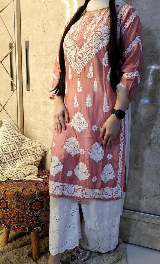 Cameo Pink Lucknowi Chikankari kurti (Size 44) - Casual Womenswear