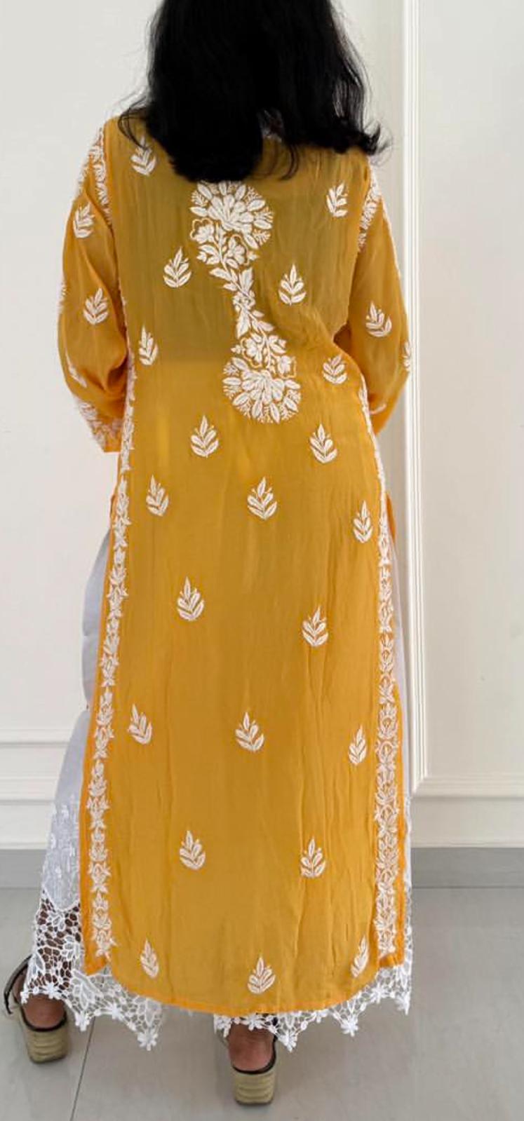 Sunset Yellow hand-embroidered Lucknowi Chikankari kurta top (Size 44) soft muslin silk fabric - Casual Womenswear