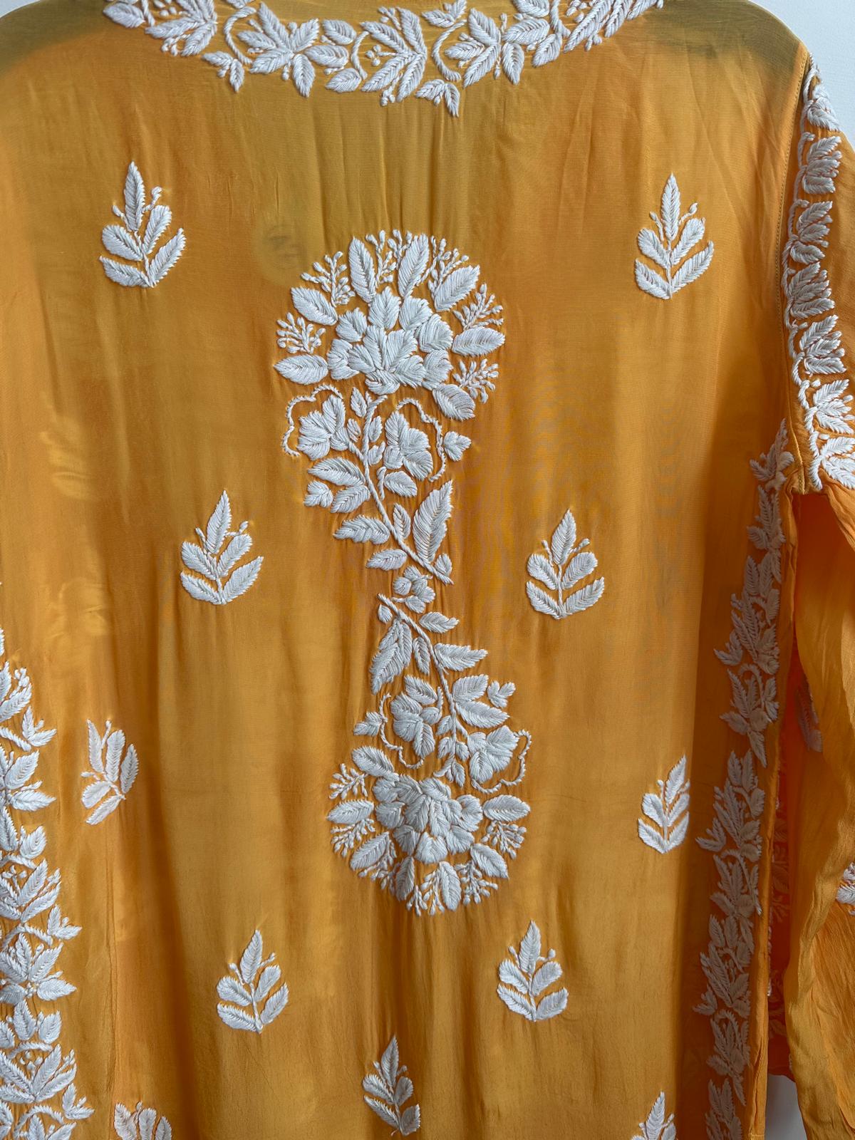 Sunset Yellow hand-embroidered Lucknowi Chikankari kurta top (Size 44) soft muslin silk fabric - Casual Womenswear