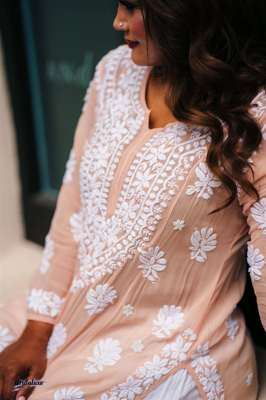 Beige hand-embroidered Chikankari kurti (Size 40 & 44) viscose fabric - Casual Womenswear