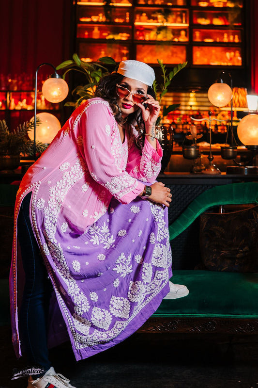 Two-tone Pink & Purple hand-embroidered Chikankari kurti (Size 42) muslin fabric - Casual Womenswear