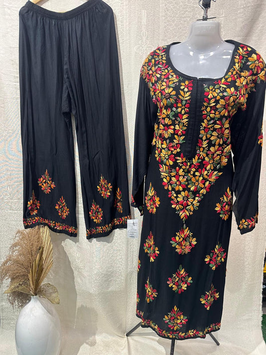 Black with multicolored hand-embroidered Lucknowi Chikankari 2 piece set (Size 50 - XXL) - Casual Womenswear