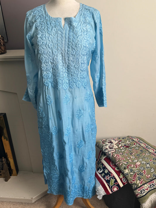 Blue ombre hand-embroidered Lucknowi Chikankari Kurta top in soft crepe material- Casual Womenswear