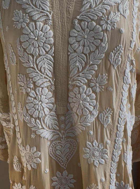 Golden Brown Ombre hand-embroidered Lucknowi Chikankari kurti (Size 42) Satin Silk fabric - Fusion Wear