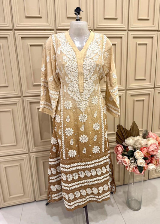 Golden Brown Ombre hand-embroidered Lucknowi Chikankari kurti (Size 42) Satin Silk fabric - Fusion Wear