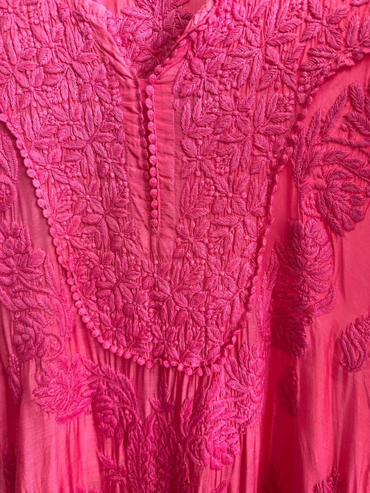 Pink Ombre hand-embroidered Lucknowi Chikankari kurta top (Size 42) Chanderi Silk fabric - Casual Womenswear