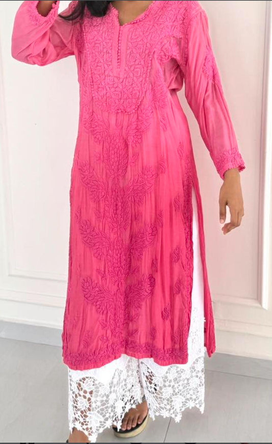 Pink Ombre hand-embroidered Lucknowi Chikankari kurta top (Size 42) Chanderi Silk fabric - Casual Womenswear