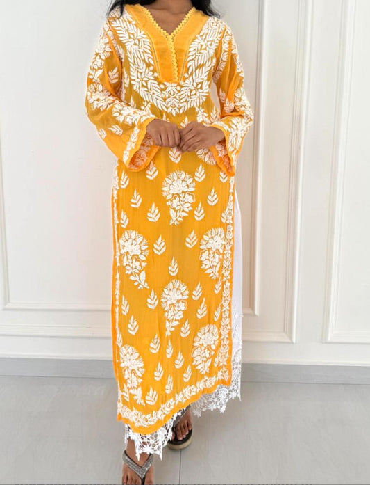 Sunset Yellow hand-embroidered Lucknowi Chikankari kurta top (Size 44) soft muslin silk fabric - Casual Womenswear