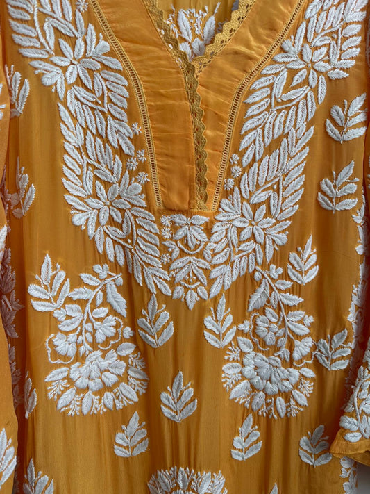 Sunset Yellow hand-embroidered Lucknowi Chikankari kurta top (Size 44) soft muslin silk fabric - Casual Womenswear