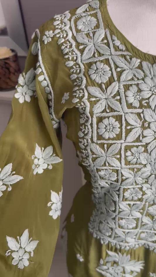 Khaki Green hand-embroidered Lucknowi Chikankari Kurta top (Size L/40) Soft Muslin