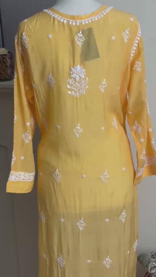 Golden Yellow hand-embroidered Chikankari kurti (Size XXL/44) in soft crepe - Casual Womenswear