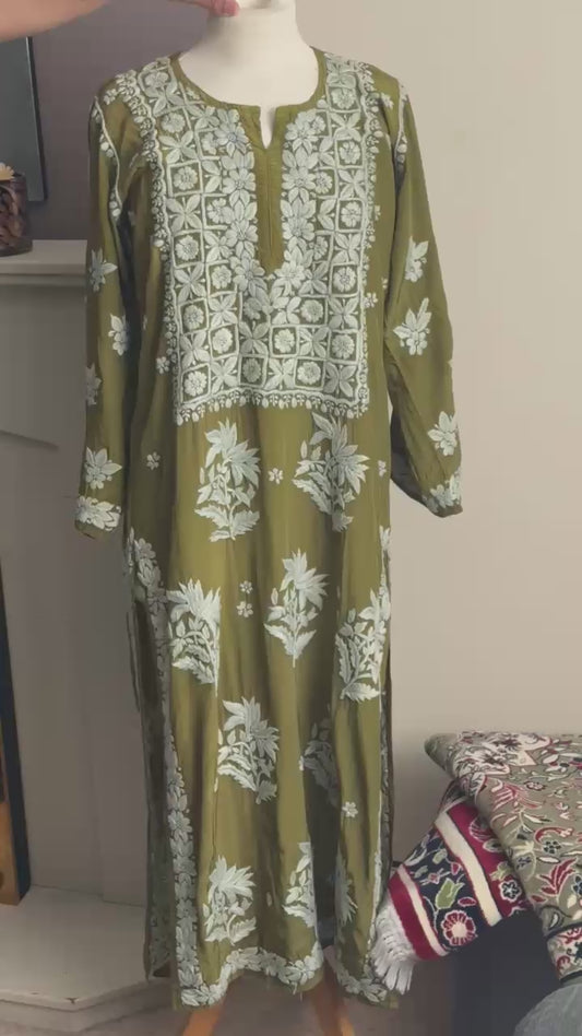 Khaki Green hand-embroidered Lucknowi Chikankari Kurta top (Size L/40) Soft Muslin