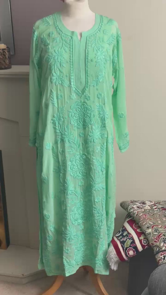 Aqua Mint hand-embroidered Lucknowi Chikankari kurta top (Size L/40) Viscose fabric - Casual Womenswear