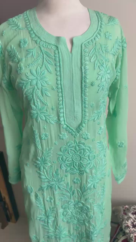 Aqua Mint hand-embroidered Lucknowi Chikankari kurta top (Size L/40) Viscose fabric - Casual Womenswear