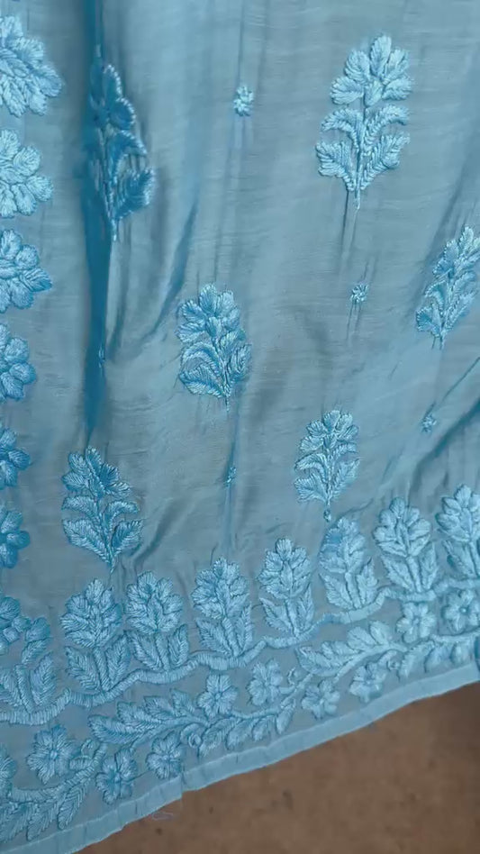 Blue ombre hand-embroidered Lucknowi Chikankari Kurta top in soft crepe material- Casual Womenswear