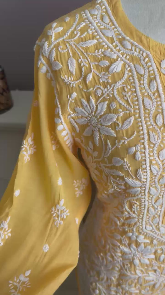 Golden Yellow hand-embroidered Chikankari kurti (Size XXL/44) in soft crepe - Casual Womenswear